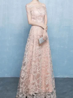 Evening Dress A-Line Bateau Neck Lace Floor-Length Formal Party Dresses