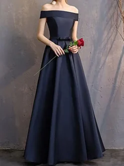 Evening Dress A-Line Bateau Neck Floor-Length Short Sleeves Lace-up Polyester Formal Party Dresses