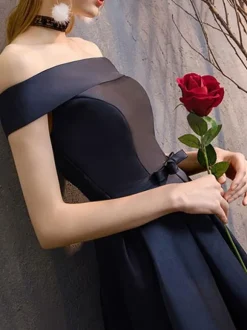 Evening Dress A-Line Bateau Neck Floor-Length Short Sleeves Lace-up Polyester Formal Party Dresses