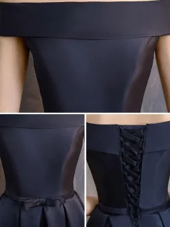 Evening Dress A-Line Bateau Neck Floor-Length Short Sleeves Lace-up Polyester Formal Party Dresses