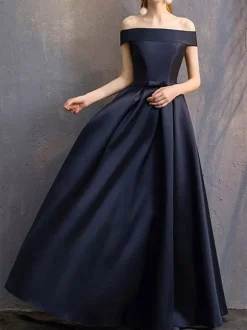 Evening Dress A-Line Bateau Neck Floor-Length Short Sleeves Lace-up Polyester Formal Party Dresses