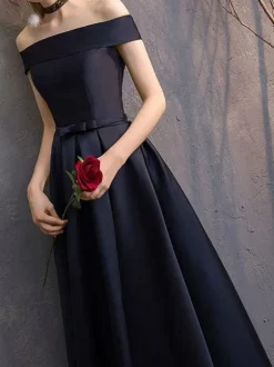 Evening Dress A-Line Bateau Neck Floor-Length Short Sleeves Lace-up Polyester Formal Party Dresses