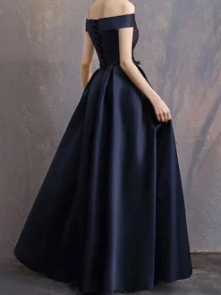 Evening Dress A-Line Bateau Neck Floor-Length Short Sleeves Lace-up Polyester Formal Party Dresses