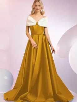 Evening Dress A-Line Designed Neckline Sweep Short Sleeves Zipper Bows Satin Fabric Formal Dinner Dresses