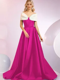 Evening Dress A-Line Designed Neckline Sweep Short Sleeves Zipper Bows Satin Fabric Formal Dinner Dresses