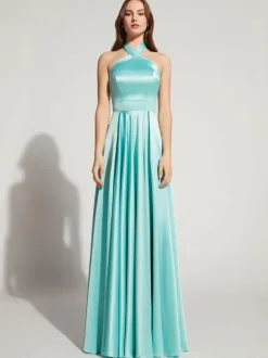 Evening Dress A-Line Halter Floor-Length Sleeveless Backless Elastic Silk Like Satin Formal Party Dresses Free Customization