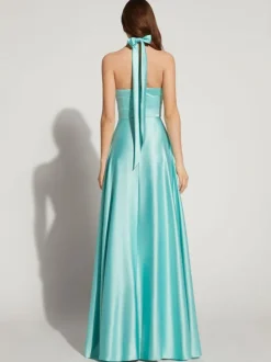 Evening Dress A-Line Halter Floor-Length Sleeveless Backless Elastic Silk Like Satin Formal Party Dresses Free Customization
