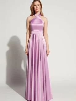 Evening Dress A-Line Halter Floor-Length Sleeveless Backless Elastic Silk Like Satin Formal Party Dresses Free Customization