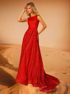 Evening Dress A-Line Jewel Neck Polyester With Train Social Party Dresses
