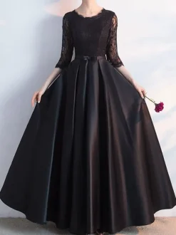 Evening Dress A-Line Jewel Neck Sequined Floor-Length Social Party Dresses