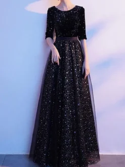 Evening Dress A-Line Jewel Neck Sequined Floor-Length Social Party Dresses