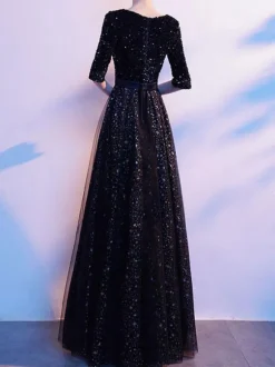 Evening Dress A-Line Jewel Neck Sequined Floor-Length Social Party Dresses