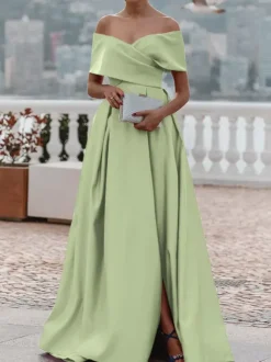 Evening Dress A-Line Off-The-Shoulder Satin Fabric With Train Pleated Formal Dinner Dresses