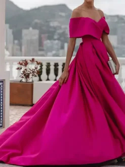 Evening Dress A-Line Off-The-Shoulder Satin Fabric With Train Pleated Formal Dinner Dresses