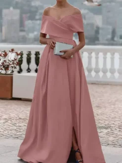 Evening Dress A-Line Off-The-Shoulder Satin Fabric With Train Pleated Formal Dinner Dresses
