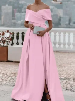 Evening Dress A-Line Off-The-Shoulder Satin Fabric With Train Pleated Formal Dinner Dresses