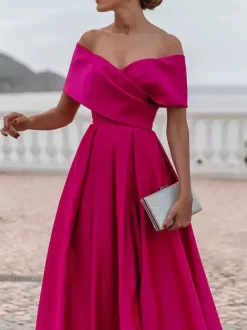 Evening Dress A-Line Off-The-Shoulder Satin Fabric With Train Pleated Formal Dinner Dresses