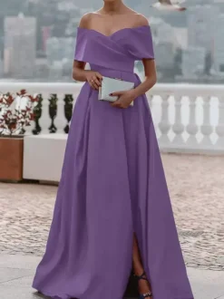 Evening Dress A-Line Off-The-Shoulder Satin Fabric With Train Pleated Formal Dinner Dresses