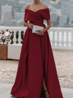 Evening Dress A-Line Off-The-Shoulder Satin Fabric With Train Pleated Formal Dinner Dresses
