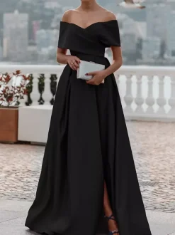 Evening Dress A-Line Off-The-Shoulder Satin Fabric With Train Pleated Formal Dinner Dresses