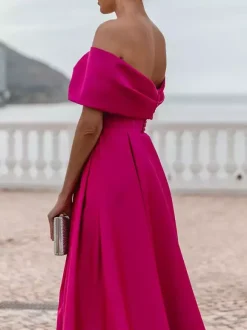Evening Dress A-Line Off-The-Shoulder Satin Fabric With Train Pleated Formal Dinner Dresses