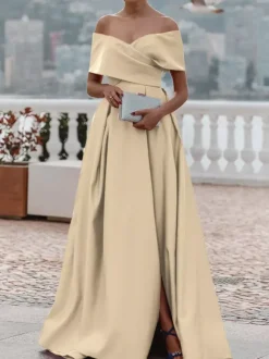 Evening Dress A-Line Off-The-Shoulder Satin Fabric With Train Pleated Formal Dinner Dresses