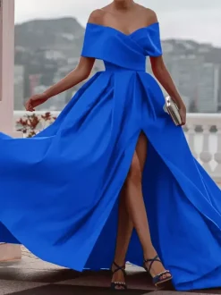 Evening Dress A-Line Off-The-Shoulder Satin Fabric With Train Pleated Formal Dinner Dresses