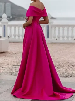 Evening Dress A-Line Off-The-Shoulder Satin Fabric With Train Pleated Formal Dinner Dresses