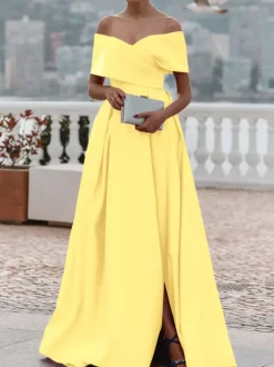 Evening Dress A-Line Off-The-Shoulder Satin Fabric With Train Pleated Formal Dinner Dresses
