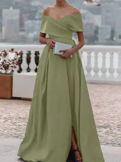 Evening Dress A-Line Off-The-Shoulder Satin Fabric With Train Pleated Formal Dinner Dresses