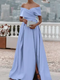 Evening Dress A-Line Off-The-Shoulder Satin Fabric With Train Pleated Formal Dinner Dresses