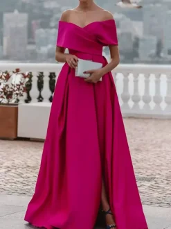 Evening Dress A-Line Off-The-Shoulder Satin Fabric With Train Pleated Formal Dinner Dresses