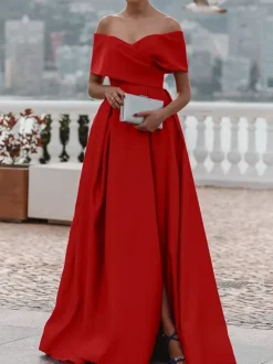 Evening Dress A-Line Off-The-Shoulder Satin Fabric With Train Pleated Formal Dinner Dresses