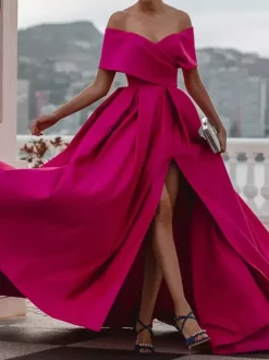 Evening Dress A-Line Off-The-Shoulder Satin Fabric With Train Pleated Formal Dinner Dresses