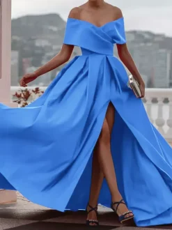 Evening Dress A-Line Off-The-Shoulder Satin Fabric With Train Pleated Formal Dinner Dresses