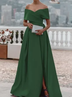 Evening Dress A-Line Off-The-Shoulder Satin Fabric With Train Pleated Formal Dinner Dresses