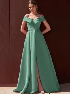 Evening Dress A-Line Off-The-Shoulder With Train Sleeveless Zipper Pleated Satin Fabric Formal Party Dresses
