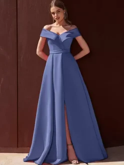 Evening Dress A-Line Off-The-Shoulder With Train Sleeveless Zipper Pleated Satin Fabric Formal Party Dresses
