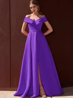 Evening Dress A-Line Off-The-Shoulder With Train Sleeveless Zipper Pleated Satin Fabric Formal Party Dresses