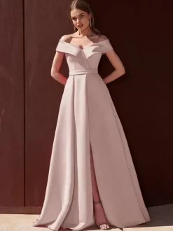 Evening Dress A-Line Off-The-Shoulder With Train Sleeveless Zipper Pleated Satin Fabric Formal Party Dresses