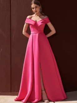 Evening Dress A-Line Off-The-Shoulder With Train Sleeveless Zipper Pleated Satin Fabric Formal Party Dresses
