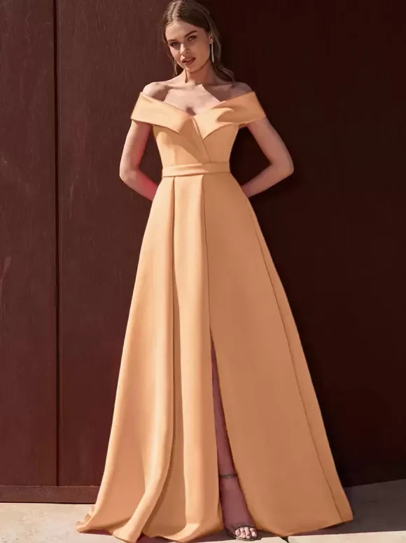 Evening Dress A-Line Off-The-Shoulder With Train Sleeveless Zipper Pleated Satin Fabric Formal Party Dresses