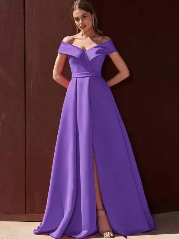 Evening Dress A-Line Off-The-Shoulder With Train Sleeveless Zipper Pleated Satin Fabric Formal Party Dresses