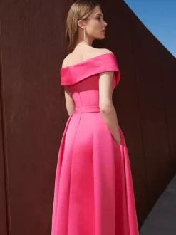 Evening Dress A-Line Off-The-Shoulder With Train Sleeveless Zipper Pleated Satin Fabric Formal Party Dresses