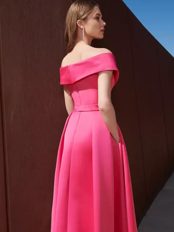 Evening Dress A-Line Off-The-Shoulder With Train Sleeveless Zipper Pleated Satin Fabric Formal Party Dresses