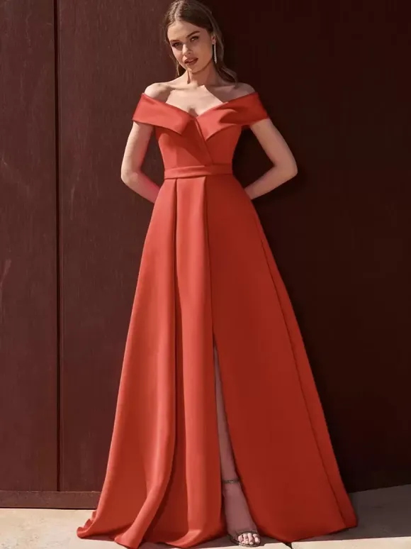 Evening Dress A-Line Off-The-Shoulder With Train Sleeveless Zipper Pleated Satin Fabric Formal Party Dresses