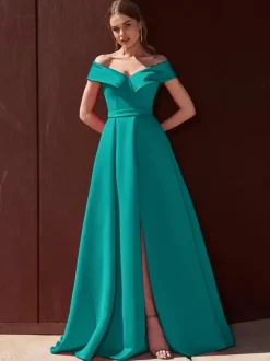 Evening Dress A-Line Off-The-Shoulder With Train Sleeveless Zipper Pleated Satin Fabric Formal Party Dresses