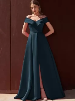 Evening Dress A-Line Off-The-Shoulder With Train Sleeveless Zipper Pleated Satin Fabric Formal Party Dresses