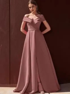 Evening Dress A-Line Off-The-Shoulder With Train Sleeveless Zipper Pleated Satin Fabric Formal Party Dresses