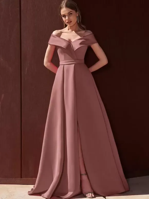 Evening Dress A-Line Off-The-Shoulder With Train Sleeveless Zipper Pleated Satin Fabric Formal Party Dresses